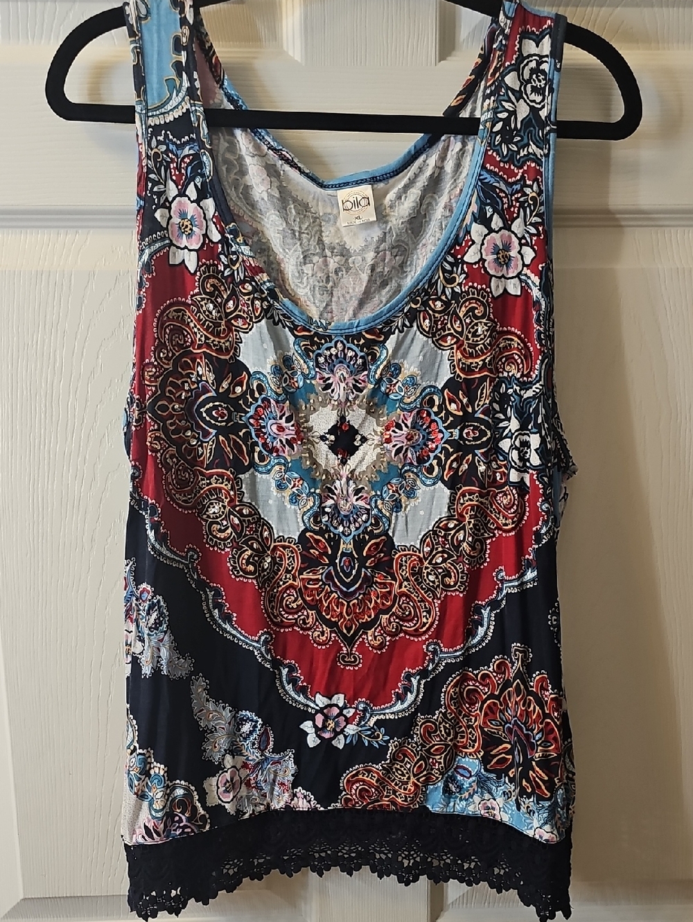 Bila Red, Blue & Black Paisley Lace-Hem Tank Top